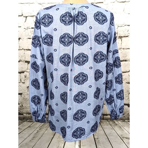 LOFT Boho Peasant Cottage Button-Front Medallion Print Top Blue Size Medium - Picture 4 of 6